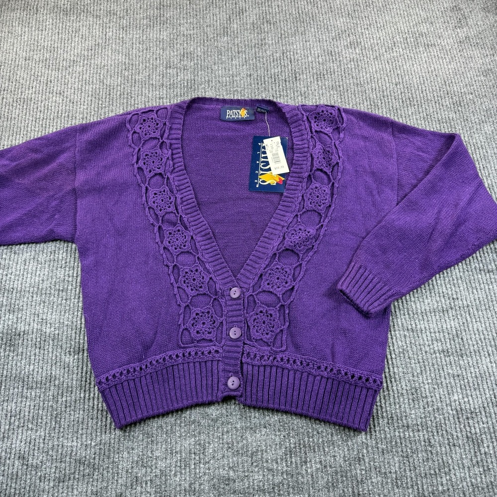 Patsy's Place Sweater Womens Large Purple Crochet Floral Button Cardigan Knit